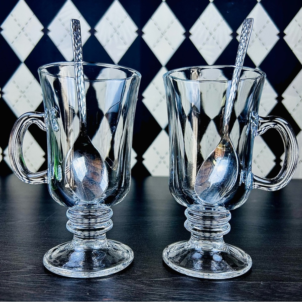 Pair Pedestal Glass Coffee Mugs with Faceted Body And Handle - Picture 6 of 9